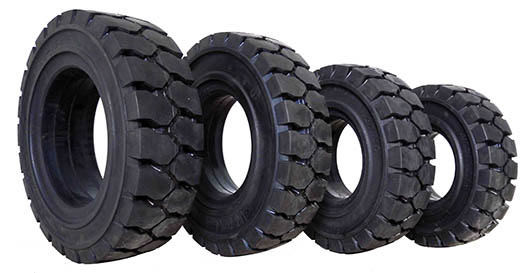 4 different sizes of brand new puncture proof solid rubber forklift tyres side view